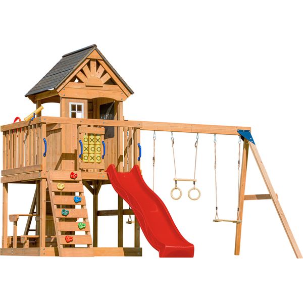 Axi Jack Casetta Per Bambini In Legno Con 2 Altalene, Scivolo Rosso / Parco Giochi All'aperto, Recinto Con Sabbia, Trapezio / Parete Di Arrampicata | Giochi In Legno Per Esterni-image