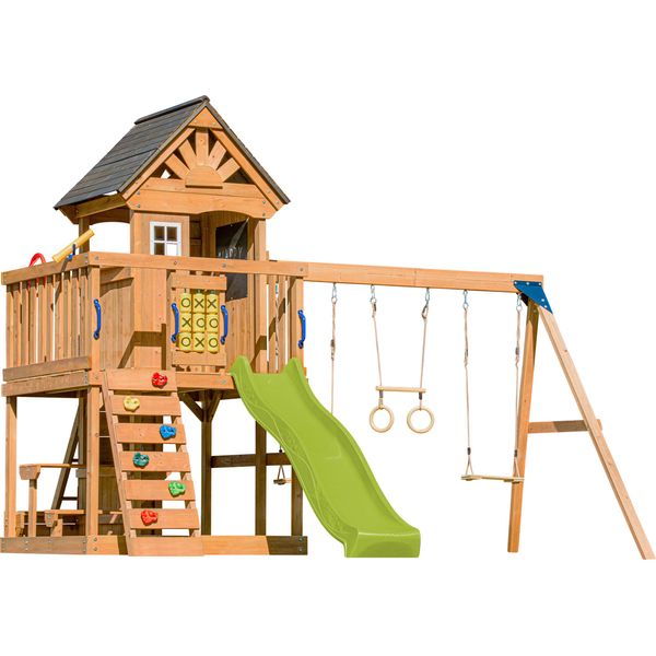Axi Jack Casetta Per Bambini In Legno Con 2 Altalene, Scivolo Giallo / Parco Giochi All'aperto, Recinto Con Sabbia, Trapezio / Parete Di Arrampicata | Giochi In Legno Per Esterni-image