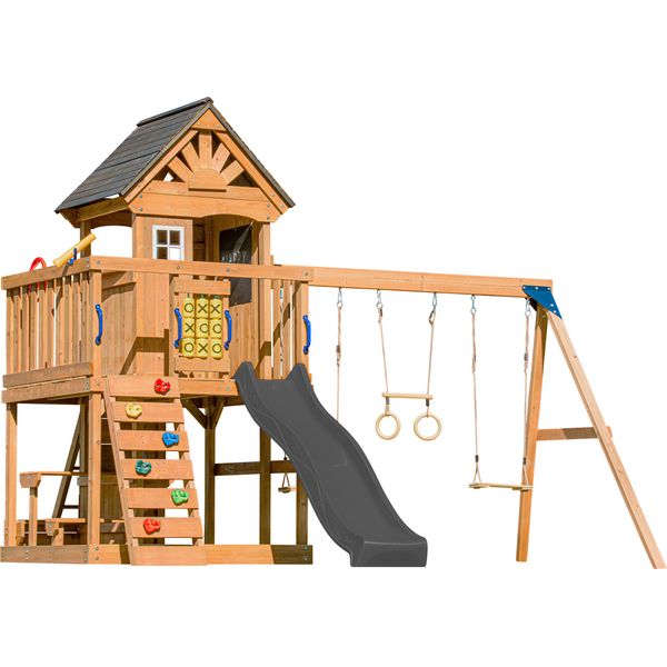 Axi Jack Casetta Per Bambini In Legno Con 2 Altalene, Scivolo Grigio / Parco Giochi All'aperto, Recinto Con Sabbia, Trapezio / Parete Di Arrampicata | Giochi In Legno Per Esterni-image