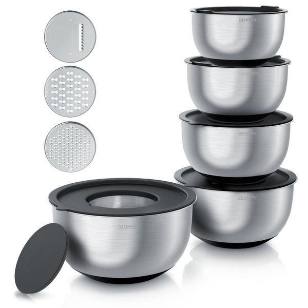 Arendo Set Di 5 Insalatiere In Acciaio Inox Con Coperchio, 1,6L / 2L / 3L/ 4L/ 5L, Ciotola In Acciaio Inox, Ciotola Per Mescolare, Ciotola Da Cucina (Set Di 5), Senza Bpa, Lavabile In Lavastoviglie-image