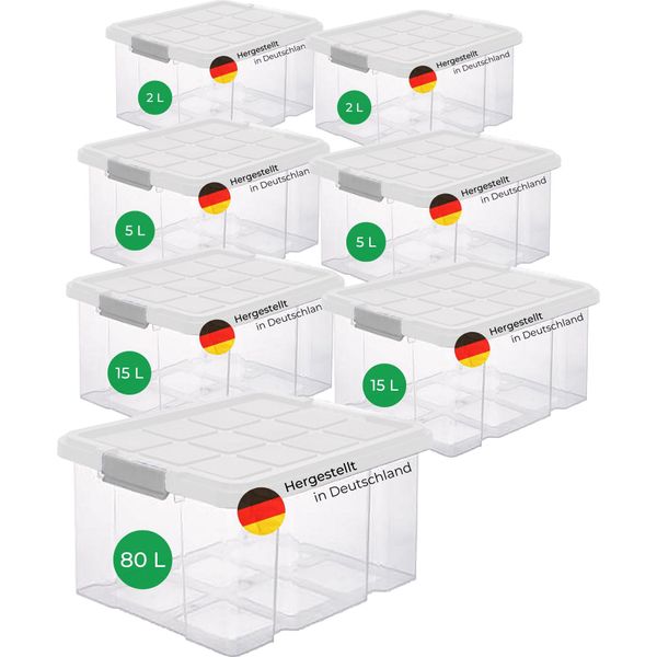 Novaliv Set Di 7 Contenitori Economici Con Coperchio Trasparente 1X80L + 2X 15L + 2X 5L + 2X 2L Impilabile Chiusura A Clip Scatole A Rotolo Senza Bpa-image