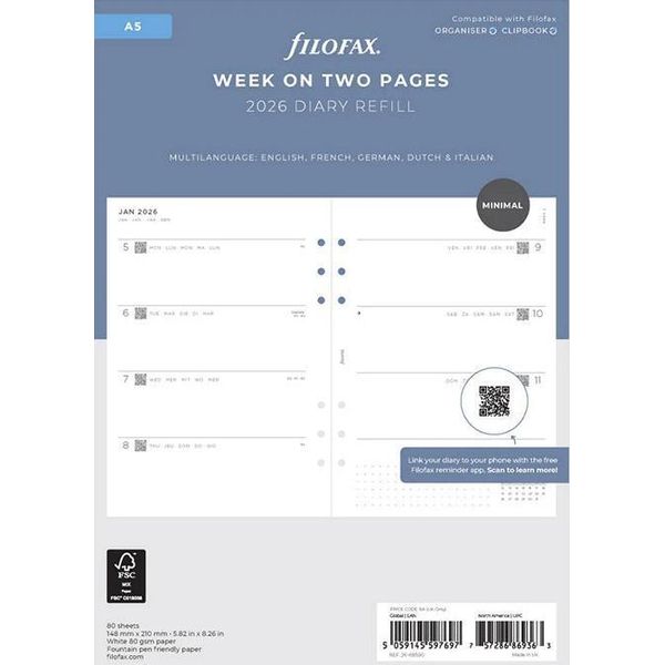 Inserto Calendario Filofax 2026 - A5 - 1 Settimana = 2 Pagine - Bianco - 26-68590-image