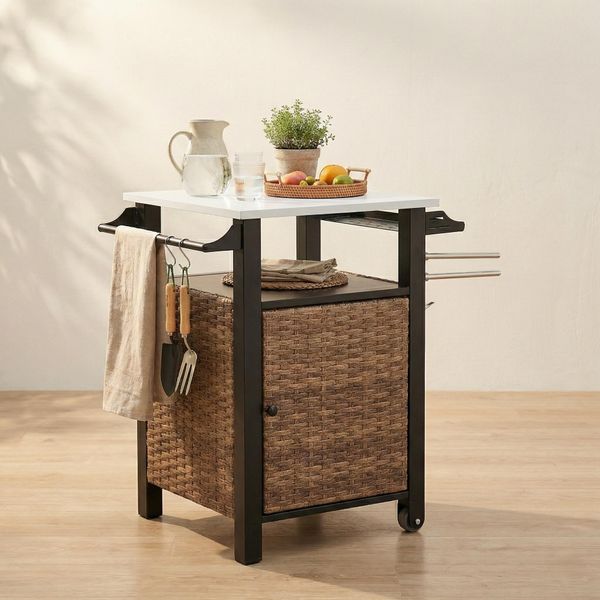 Carrello Da Cucina Lvhom In Polyrattan Su Rotelle, Carrello Di Servizio Con Piano Di Lavoro, Portasciugamani, Portaspezie E Armadietto, Armadio Da Cucina A Isola-image