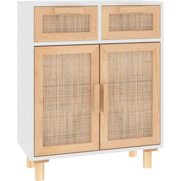 Syfax™ Credenza Bianca 60X30X75 Cm Legno Massello Pino Rattan Naturale-image