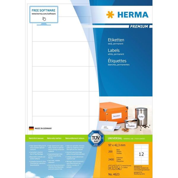 Herma 4623 4623 Etichette Premium A4, Bianco 97X42,3 Mm Carta Opaca 2400 Pz.-image