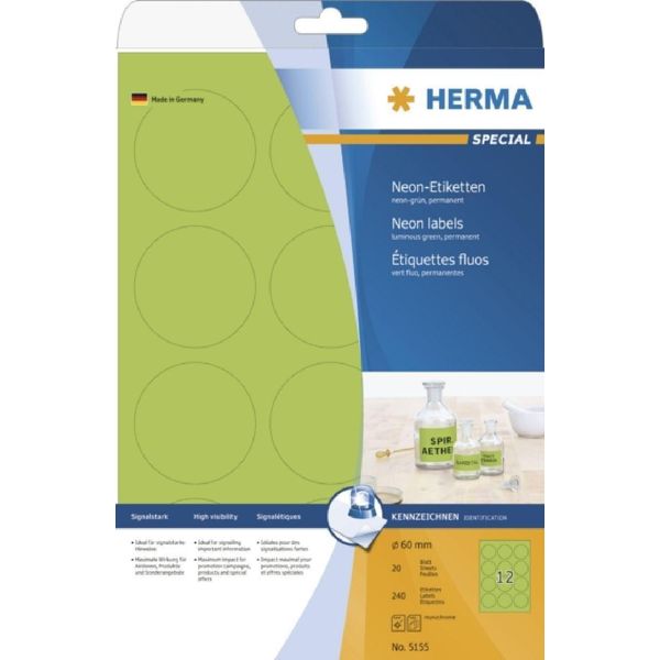 Herma 5155 5155 Etichette A4 Verde Neon Ø 60 Mm Carta Rotonda Opaca 240 Pz.-image