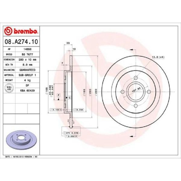 2X Brembo 08.A274.10 Disco Freno Asse Posteriore-image