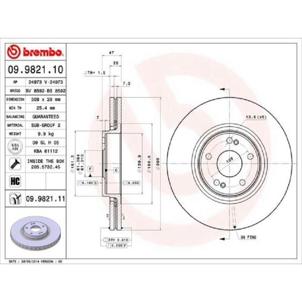 2X Disco Freno Brembo 09.9821.11 Per Renault Laguna Ii Grandtour (KG0/1_) 47Mm-image