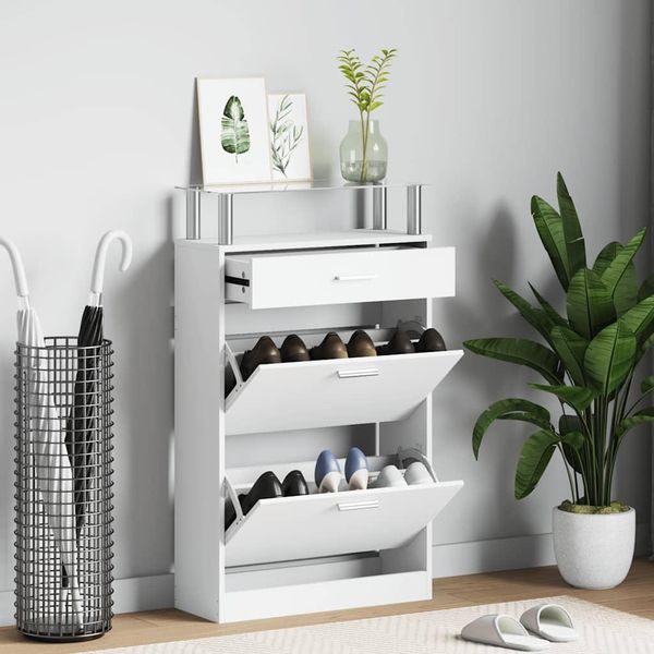 Vidaxl Scarpiera Con Cassetto E Ripiano Superiore In Vetro Legno Bianco-image