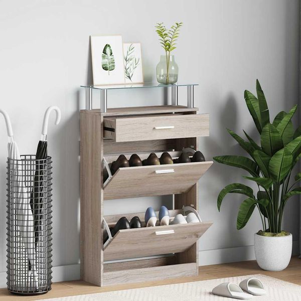 Vidaxl Scarpiera Con Cassetto E Ripiano Superiore In Vetro In Legno Effetto Rovere-image