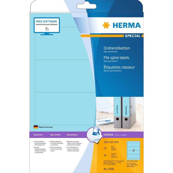 Herma Special - Etichette Autoadesive Permanenti In Carta Opaca - Blu - 192 X 61 Mm - 80 Etichette (20 Fogli X 4) (5098)-image