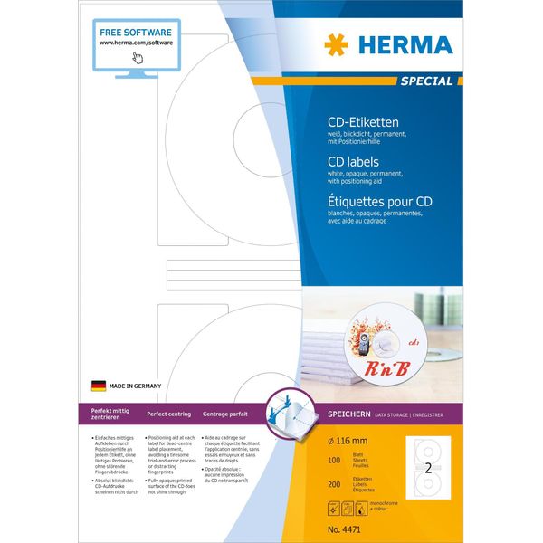 Herma 4471 Herma 4471 Etichette Per Cd A4 Bianco Ø 116 Mm Carta Opaca 200 Pz.-image