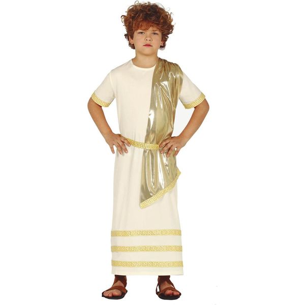 Romano Antico Bambini Carnevale Tunica Accenti D'oro Storico Travestimento Toga Carnevale Costume Storia Greca Antico Abbigliamento Festivo, Taglia: 128/134 Colore: Beige-image