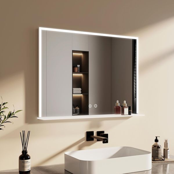 Specchio Da Bagno Emke 80X60Cm Illuminazione A Led Con Mensola Specchio Da Bagno Orizzontale Interruttore Touch 6500K Specchio Orizzontale Senza Nebbia Touch Bianco Freddo-image