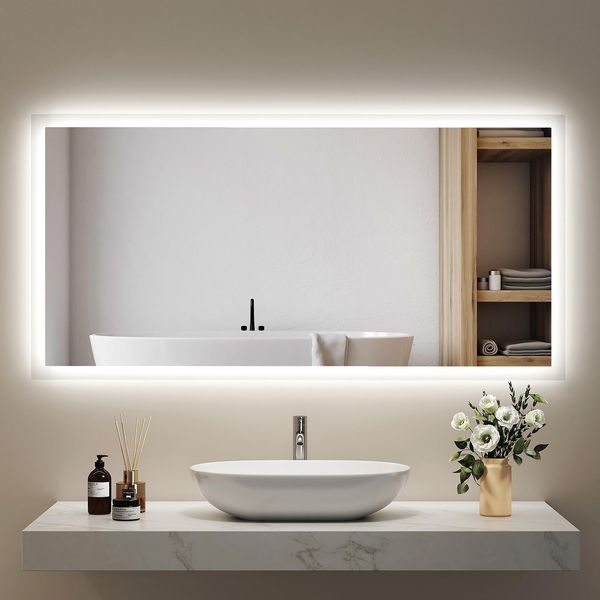 Specchio Da Bagno Emke Led 120X60 Cm Con Illuminazione E Antiappannamento, Specchio Da Parete Con Interruttore Meccanico Specchio Da Bagno 3000K/6500K Colori Della Luce-image