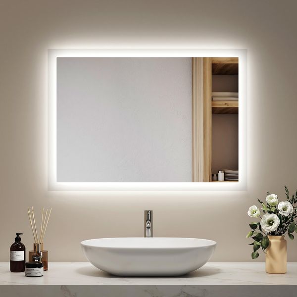 Specchio Da Bagno Emke Led 50X70 Cm Con Illuminazione E Antiappannamento, Specchio Da Parete Con Interruttore Meccanico Specchio Da Bagno 3000K/6500K Colori Della Luce-image
