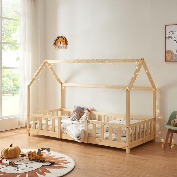 Letto Per Bambini 'Sisimiut' In Look Casa Con Protezione Anticaduta In Legno Di Pino 90 X 200 Cm Colori Legno-image