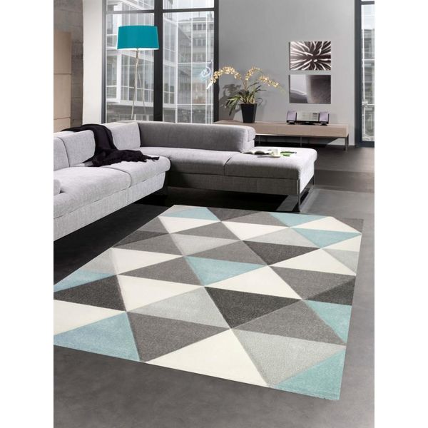 Tappeto Soggiorno Triangolo Blu Grigio Crema Dimensioni - 80X150 Cm-image