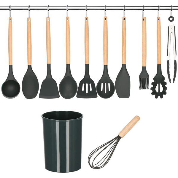 Springos Set Di Utensili Da Cucina 12 Pz. Utensili Da Cucina Di Base In Silicone Di Bambù (Grafite)-image
