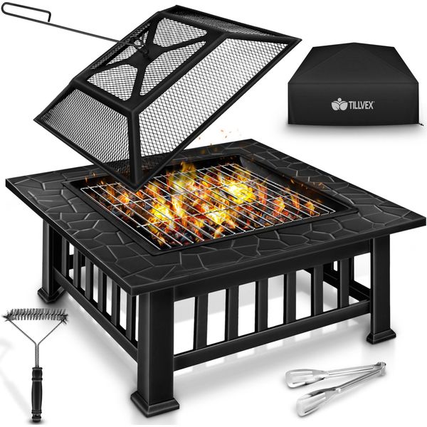 Ciotola Da Fuoco Tillvex Con Parascintille E Griglia Per Grigliare | Pozzo Di Fuoco All'aperto Per Il Giardino | Griglia Per Barbecue 3 In 1 Con Coperchio, Attizzatoio, Pinze E Griglia Per La Carbonella-image