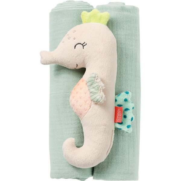 Fehn Set Regalo 3 Pezzi Bambini Mare Cavalluccio Marino Panni Mussola Con Bastone Sonaglio-image