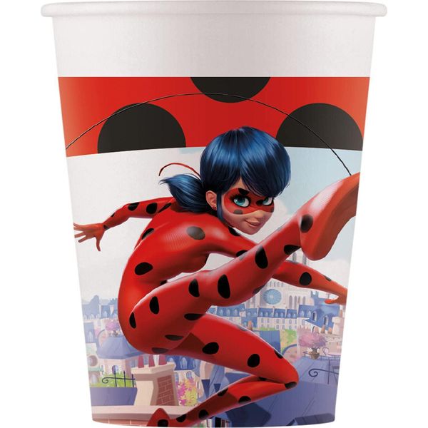 Procos 93479 - Bicchiere Party Miracolous Ladybug, Capacità Massima 200 Ml, 8 Pezzi, Bicchiere Di Carta Monouso, Festa Di Compleanno Per Bambini, Stoviglie Per Feste, Mix-image