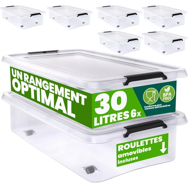 Deuba® 6X 30L Scatole In Plastica Trasparente Senza Bpa Contenitori Con Coperchio Impilabili Ruote Cassette Salvaspazio-image