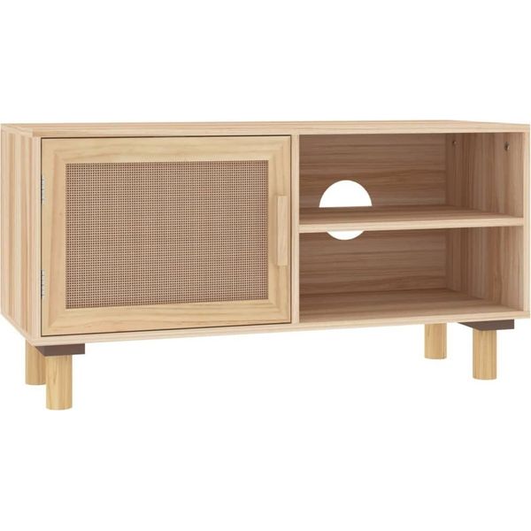 Mobile Tv Marrone 80X30X40 Cm In Pino Massiccio E Rattan Naturale-image