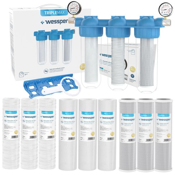Wessper Triplemax Filtro Pre-Trattamento Dell'acqua A 3 Stadi Per Tutta La Casa 3/4" – Addolcitore, Sistema Di Filtraggio Dei Sedimenti E A Carbone Attivo Con 2 Manometri"-image