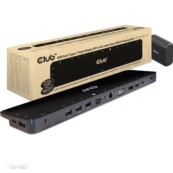 Club3D CLUB3D Usb Gen1 Type-C Triplo Display DP1.4 Alt Mode Dock Di Ricarica Intelligente PD3.0 Con Alimentatore Da 100 Watt-image