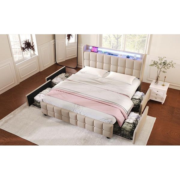 Letto Imbottito Sweiko (Letto Contenitore Con Rete A Doghe), Letto Singolo 180X200Cm Con Illuminazione Led, Funzione Cassetto E 2 Cassetti-image