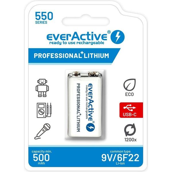 Rechargeable Battery Everactive 6F22/9V Li-Ion 550 Mah With Usb Type C-image