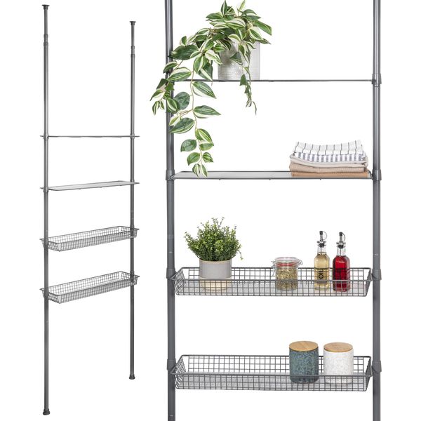 Bremermann Scaffale Telescopico Con 2 Cestini 2 Ripiani, Scaffale Per Bagno, Scaffale Per Lavatrice, Scaffale Multiuso Adatto A Molti Ambienti, Asta Telescopica Regolabile In Altezza Fino A Max. 290 Cm Circa, Grigio-image