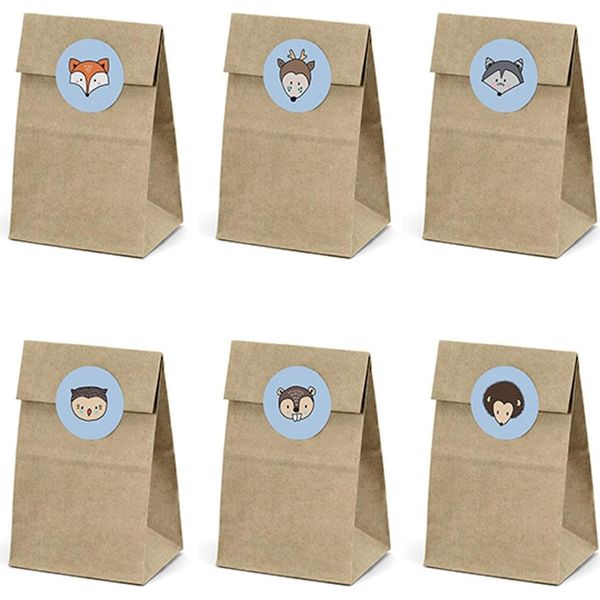 6 Sacchetti Di Carta Animali Della Foresta Adesivi In Carta Kraft 7,5 X 18,5 Cm - Taglia Unica-image
