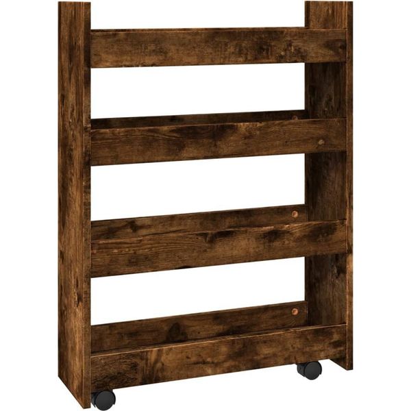 Vidaxl Carrello Portaoggetti Stretto A 4 Ripiani In Legno Di Quercia Affumicato-image