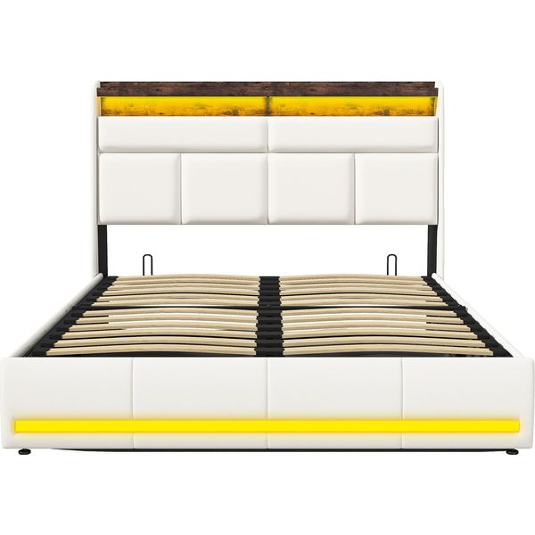Letto Imbottito Proximax 160X200 Cm Con Led, Letto Per Ragazzi Letto Matrimoniale Con Rete A Doghe E Contenitore, Letto Contenitore, Pu, Bianco-image