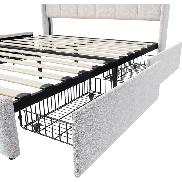 Cdglobal Letto Imbottito 140X200, Letto Matrimoniale A Led Con Funzione Di Ricarica Usb Di Tipo C E 4 Cassetti, Letto Giovanile Letto Contenitore Letto Funzionale Letto Spalliera Con Rete A Doghe In Legno, Lino, Beige-image