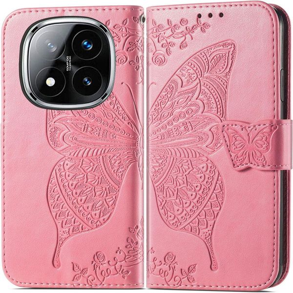 Per Xiaomi Redmi Note 14 Pro Plus 5G Portafoglio Cellulare Custodia Farfalla Design Cover Case Rosa-image