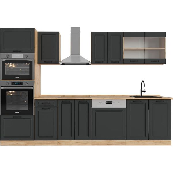 Vicco Cucina Componibile R-Line, 300 Cm Con Armadio Alto, Pl Rovere, Antracite Casa Di Campagna/Rovere Dorato-image
