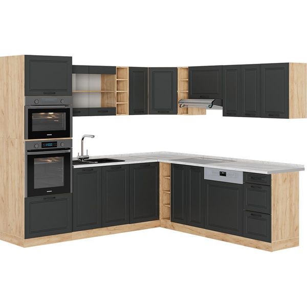 Vicco Cucina Angolare Completa R-Line, 237 X 247 Cm , Pl Marmo, Antracite Casa Di Campagna/Rovere Dorato-image