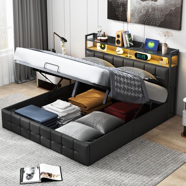 Unboxg Letto Imbottito 160X200Cm Letto Contenitore Con Led, Usb E Prese Di Corrente Letto Matrimoniale Letto A Molle Con Rete A Doghe E Contenitore, Letto Funzionale Letto Per Ragazzi, Pu, Nero-image