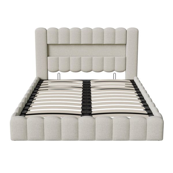 Unboxg Letto Imbottito 140X200Cm Con Usb, Letto Per Ragazzi, Letto Matrimoniale Con Rete A Doghe E Contenitore, Letto Contenitore Con Led, Lino, Beige-image