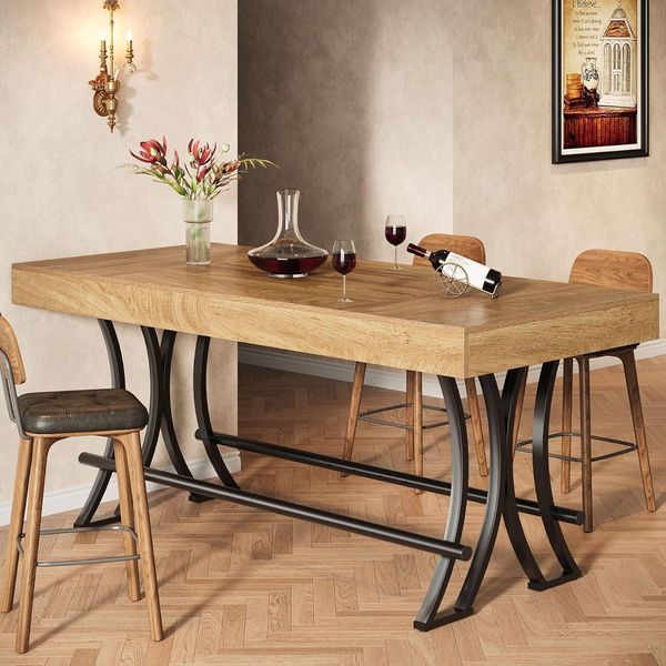 Tavolo Da Bar Tribesigns, Tavolo Da Pub Alto 160 Cm Con Poggiapiedi In Metallo, Tavolo Da Pranzo Rettangolare Ad Altezza Banco Per La Cucina, Bar Industriale Per La Casa-image