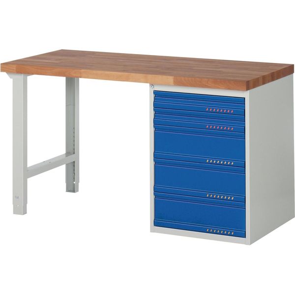 Banco Da Lavoro Serie Bk 650 L1500Xp700Xh840Mm Faggio Massiccio Grigio Chiaro/Blu Genziana 5 Cassetti-image