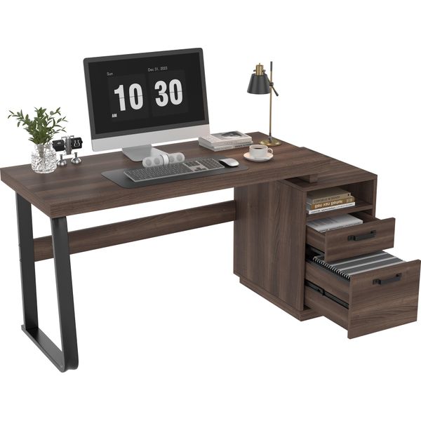 Scrivania Moderna 135X54 Cm In Mdf E Acciaio, Stabile, Con Cassetto Silenzioso E Portaoggetti - Marrone-image