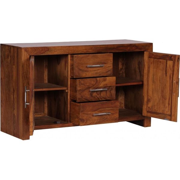 Finebuy Credenza In Legno Massiccio Di Sheesham 120 Cm 2 Ante E 3 Cassetti - Credenza In Legno Massiccio Retrò - Credenza Di Design Naturale - Fatta A Mano-image