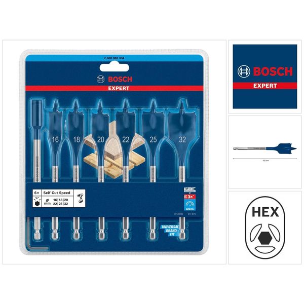 Bosch Expert - Set Di Punte Per Trapano - Per Legno, Truciolato, Legno Tenero, Truciolato - 7 Pezzi - 25 Mm, 32 Mm, 20 Mm, 18 Mm, 16 Mm, 22 Mm - Lunghezza: 152 Mm-image
