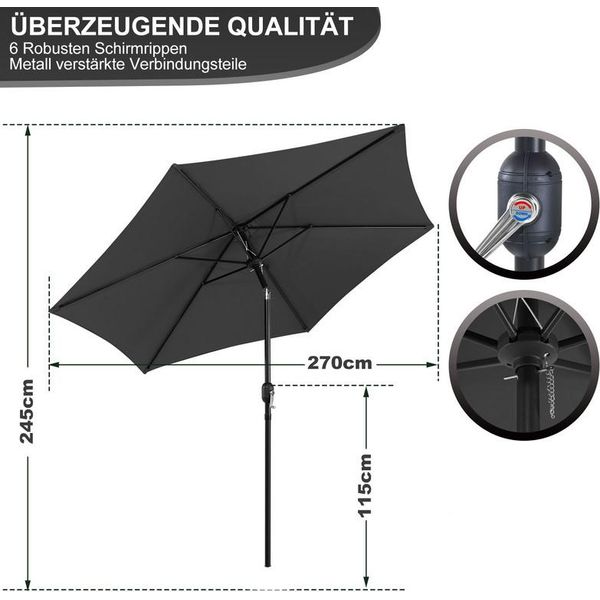 Ombrellone Karpal 2,7M-3,5M Con Led Ombrellone Solare Con Manovella UV40+ Ombrellone Da Esterno, Grigio, 2,7M-image