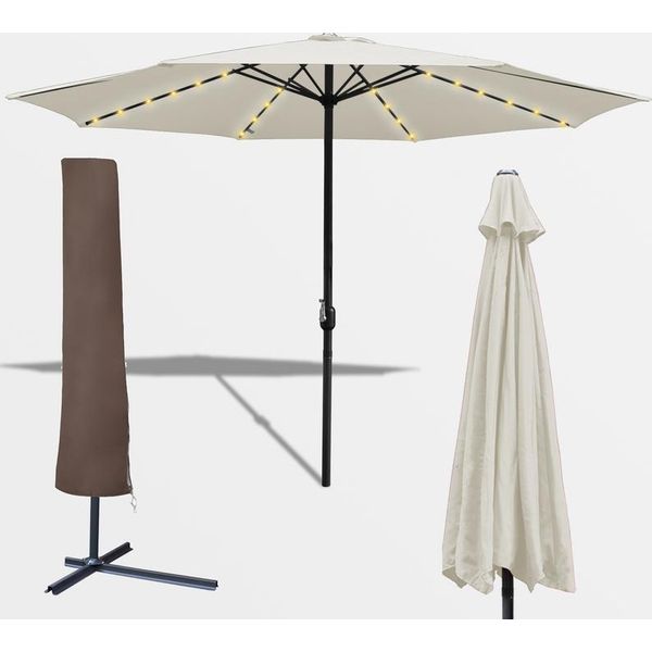 Einfeben 3,5M Ombrellone Da Giardino Ombrellone Da Esterno UV40+ Ombrellone Da Mercato Con Led Solare E Copertura Protettiva Da Giardino, Beige, 3,5M-image