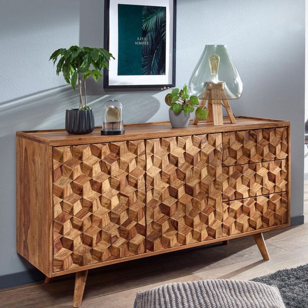 Finebuy Credenza In Legno Massiccio Di Sheesham 140 Cm Con 2 Ante E 3 Cassetti - Cassettiera Solida E Retrò Con Piedi In Legno - Credenza Naturale Di Design - Realizzata A Mano-image
